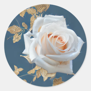 Witte rozen en gouden bladeren op een blauwe achte ronde sticker