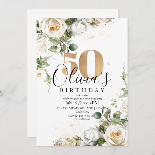 Witte Rozen en Gouden Elegante Bloem 50e Verjaarda Kaart (Voorkant / Achterkant)