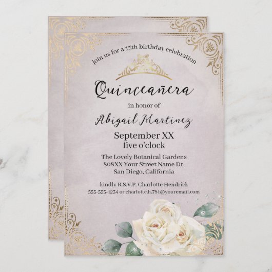 Witte Rozen en Gouden Lavendel Quinceanera Kaart (Voorkant / Achterkant)