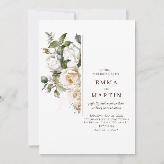 Witte Rozen en Gouden Stof Elegante Moderne Bruilo Kaart (Voorkant)