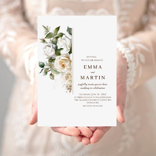 Witte Rozen en Gouden Stof Elegante Moderne Bruilo Kaart