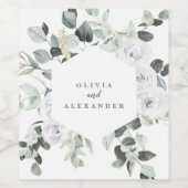 Witte Rozen en groen bloemenbruiloft monogram Wijn Etiket (Enkel label)