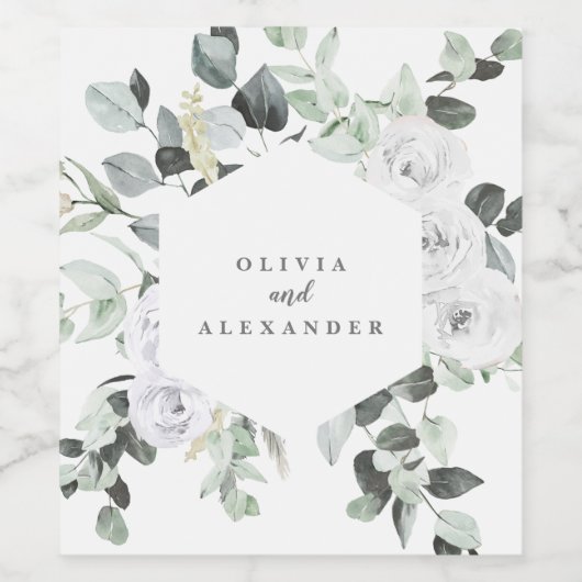 Witte Rozen en groen bloemenbruiloft monogram Wijn Etiket (Enkel label)