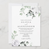 Witte Rozen en groen bloemenbruiloft Uitnodiging (Voorkant)