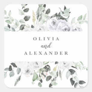 Witte rozen en groen bloemenbruiloft vierkante sticker