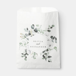 Witte rozen en groen bloemenkransttrouwmonogram F Bedankzakje
