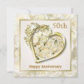 Witte rozen en hart 50ste trouwjubileum kaart (Voorkant)