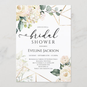 Witte rozen en hortensia's goud glitter bruids kaart