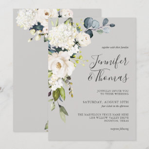 Witte Rozen en Hydrangea Elegante Bloemige Bruilof Kaart