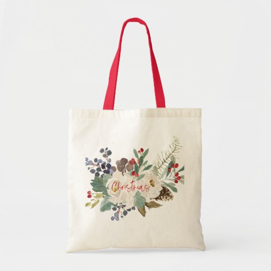 Witte rozen en kerstblaasjes tote bag (Voorkant)