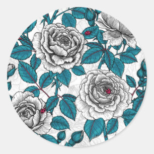Witte rozen en ladybugs ronde sticker