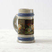 Witte rozen en Violet aan de rand van het hout Bierpul (Voorkant links)