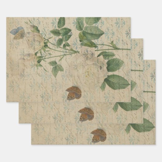 witte rozen en vlinder inpakpapier vel (Set)