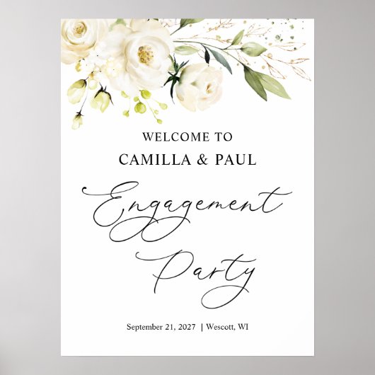 Witte rozen engagement party welkomstbord poster (Voorkant)