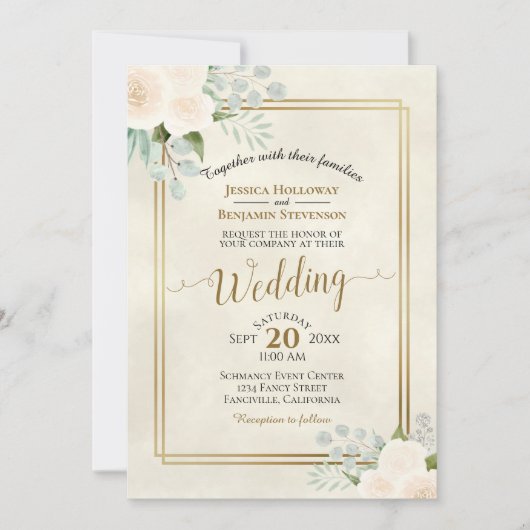 Witte Rozen & Eucalyptus Boho Waterverf Bruiloft Kaart (Voorkant)