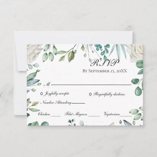 Witte rozen Eucalyptus Botanische bruiloft RSVP Kaartje (Voorkant)