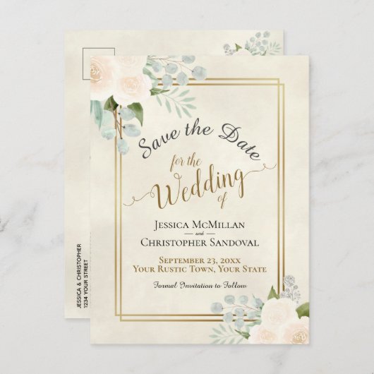 Witte Rozen & Eucalyptus Bruiloft Save the Date Aankondigingskaart (Voorkant / Achterkant)