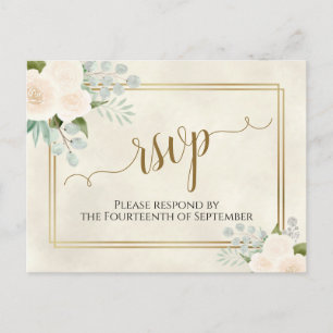 Witte Rozen & Eucalyptus Goud Bruiloft RSVP Briefkaart