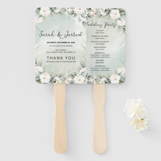 witte rozen eucalyptus verlaat bruiloft handwaaier (Voorkant en achterkant)