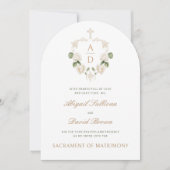 Witte Rozen Frame Monogrammen Katholieke Bruiloft Kaart (Voorkant)