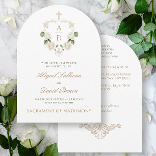 Witte Rozen Frame Monogrammen Katholieke Bruiloft Kaart