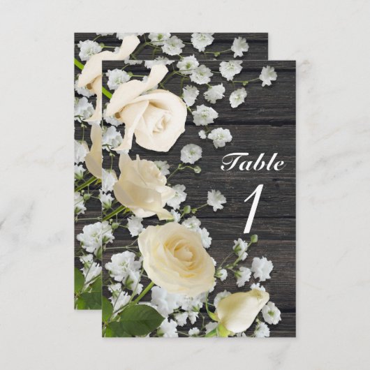 Witte rozen & gipsophila op houten tafelnummer (Voorkant / Achterkant)