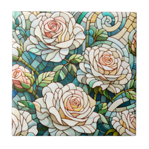 Witte rozen glas-in-lood mozaïek tegeltje