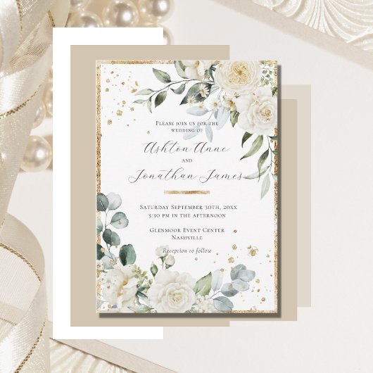 Witte Rozen Goud Elegante Moderne Bruiloft Kaart