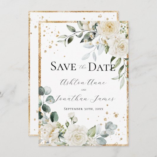 Witte Rozen Goud Elegante Moderne Bruiloft Save The Date (Voorkant / Achterkant)