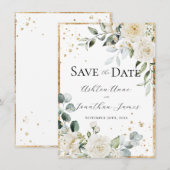 Witte rozen Gouden Elegante Moderne Bruiloft Save The Date (Voorkant / Achterkant)
