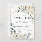 Witte rozen Gouden Elegante Moderne Bruiloft Save The Date (Voorkant)