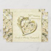Witte rozen, gouden hart 50ste trouwdag kaart (Voorkant / Achterkant)