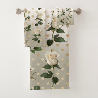 Witte Rozen Gouden Harten Handdoek Set