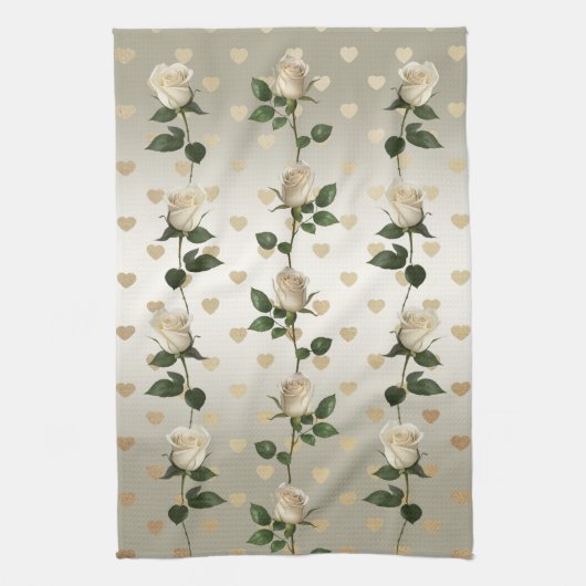 Witte Rozen Gouden Harten Keukenhanddoeken (Verticaal)