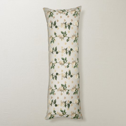 Witte Rozen Gouden Harten Lichaamskussen (Achterkant (Verticaal))