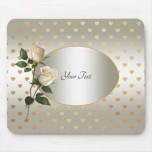 Witte Rozen Gouden Harten Mousepad Muismat (Voorkant)