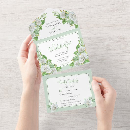 Witte rozen | Greenery Boho Floral Wedding All In One Uitnodiging (Afscheurbaar)