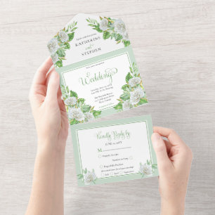 Witte rozen   Greenery Boho Floral Wedding All In One Uitnodiging