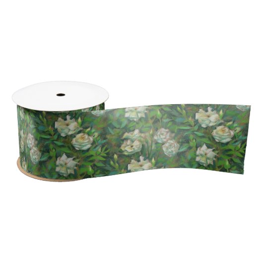 "witte rozen, groene bladeren", botanisch patroon lint (Spoel)