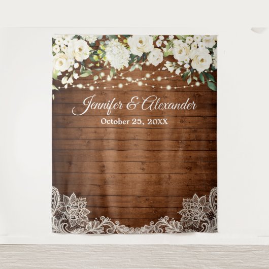 Witte Rozen Groene Huwelijksfotocabine Achtergrond Wandkleed (Voorkant)