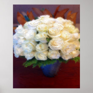 Witte rozen in een blauwe vaas poster