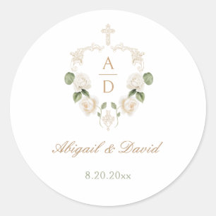 Witte Rozen Kader Religieuze Trouwdag Ronde Sticker