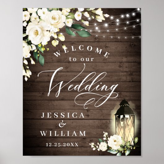 Witte Rozen Lantaarn Rustieke Houten Welkom Bruilo Poster (Voorkant)