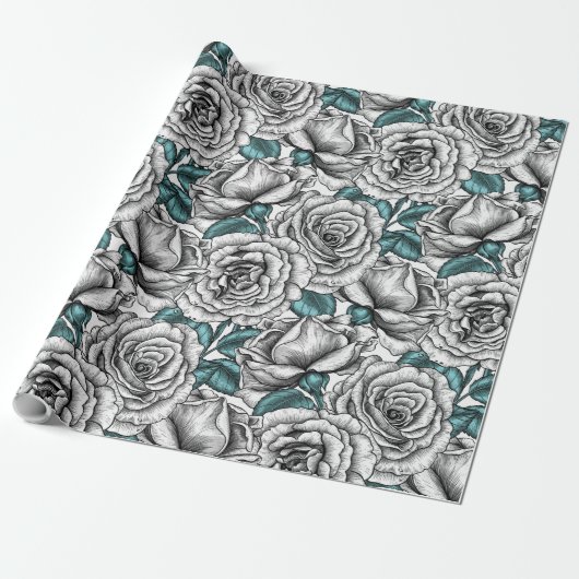 Witte rozen met blauwe bladeren cadeaupapier (Uitgerold)