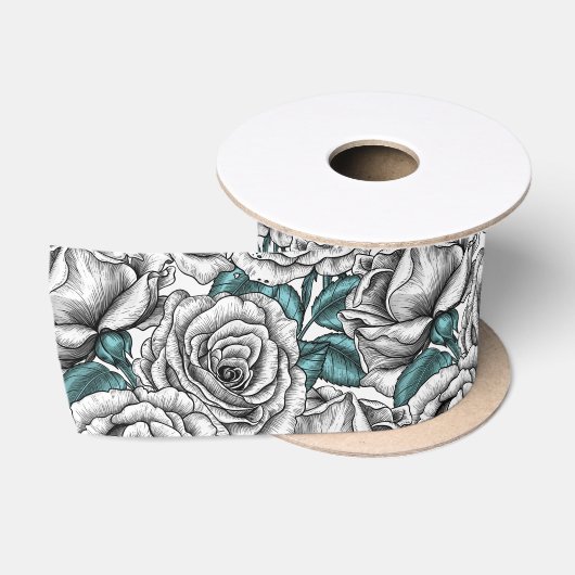 Witte rozen met blauwe bladeren lint (Spoel)