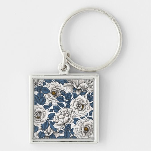 Witte rozen met blauwe bladeren op wit sleutelhanger (Voorkant)