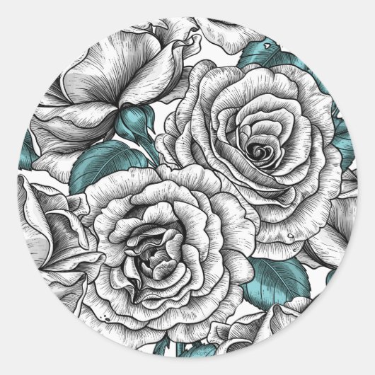 Witte rozen met blauwe bladeren ronde sticker (Voorkant)