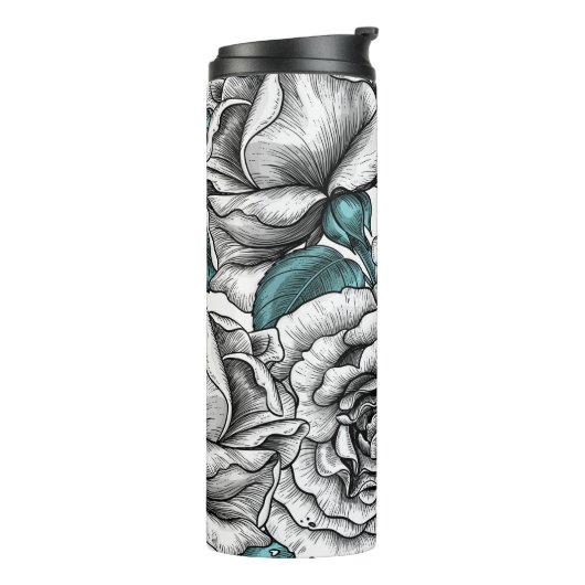 Witte rozen met blauwe bladeren thermosbeker (Gedraaid links)