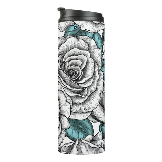 Witte rozen met blauwe bladeren thermosbeker (Geroteerd rechts)