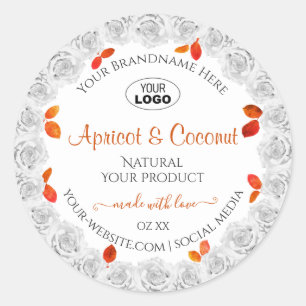 Witte rozen met Oranje bladeren Productlabels Logo Ronde Sticker